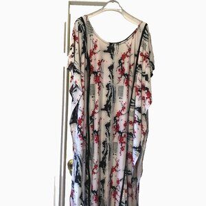 Sakura Cherry Blossom Landscape Print Maxi Caftan Japanese Asian White PinkBlack
